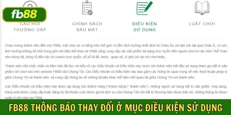 FB88 thông báo các thay đổi có liên quan trên chuyên mục Điều kiện tham gia 