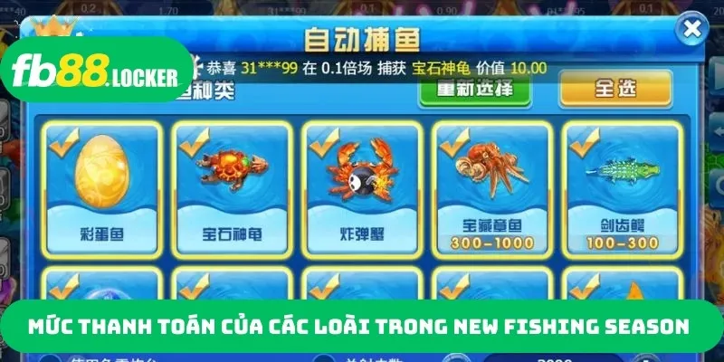 Mức thanh toán của các loài trong New Fishing Season